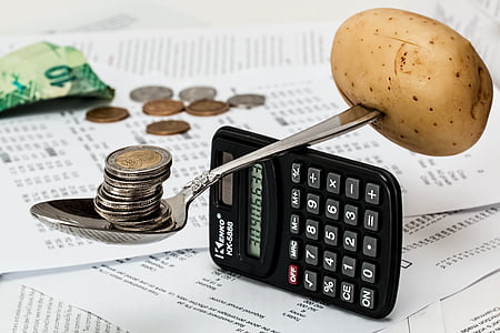 black, calculator, spoon, potato, money, Coins, finance