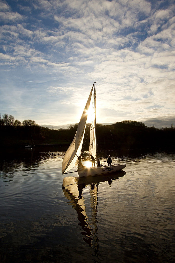 Yacht, båt, reflektion, solen, vatten, segelbåt, segel