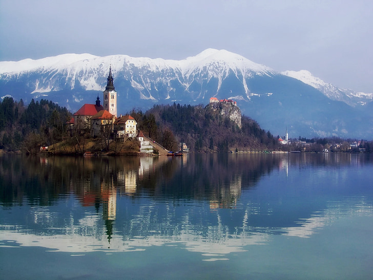 Blejski otok, Slovenia, fjell, snø, Lake, vann, refleksjoner