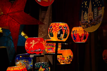 lanterns, christmas market, colorful, bright, color, light, red