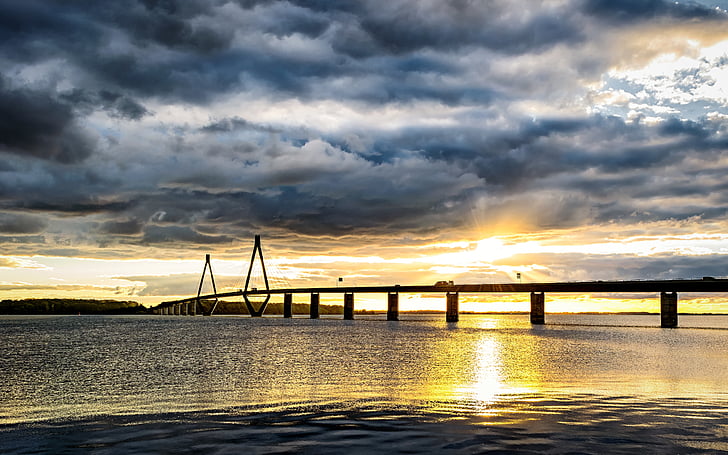 Балтийское море, мост, Дания, море мост, Закат, abendstimmung, воды
