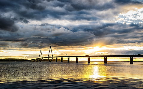 baltic sea, bridge, denmark, sea bridge, sunset, abendstimmung, water
