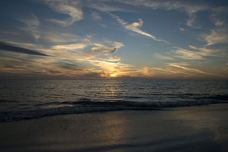 posta de sol, platja, oceà, l'aigua, cel, Mar, Costa