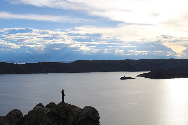 езеро, Титикака, залез, природата