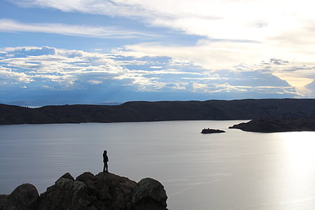 jezero, Titicaca, zalazak sunca, priroda