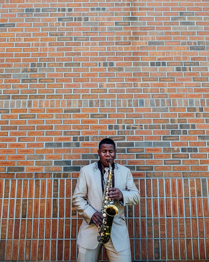 man, gray, suit, playing, saxophone, wall, guy
