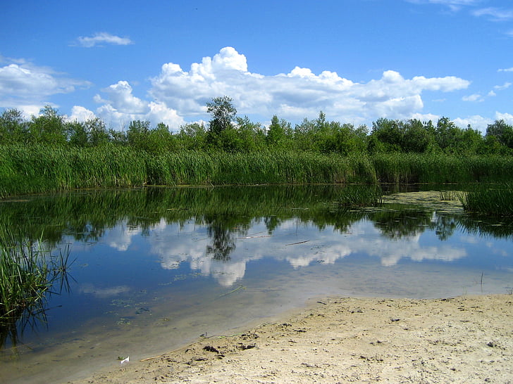 Grand beach, Laguna, Winnipežské jezero, reflexe, mraky, Manitoba, Příroda