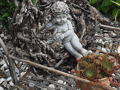 Ángel, jardín de piedra, flores, estatua de, religión, Asia, budismo