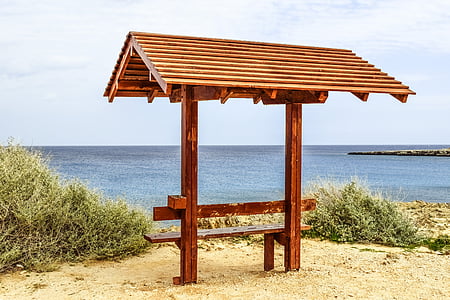 bench, kiosk, wooden, view point, national park, cavo greko, cyprus