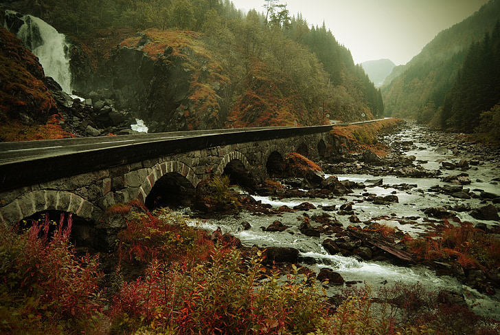 Норвегия, Осень, Природа, Водопад, пейзаж, воды, Гора