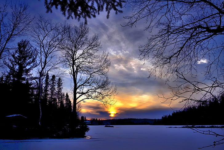 pemandangan musim dingin, matahari terbenam, malam, awan, salju, langit, senja