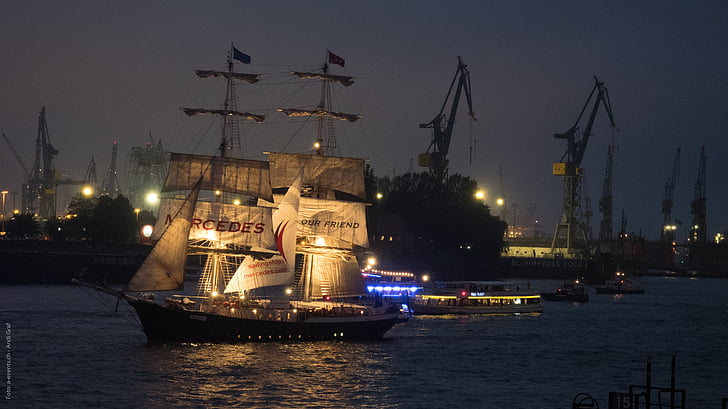 Hamburgo, à noite, hafengeburtstag, veleiro, vela, cordame, nave