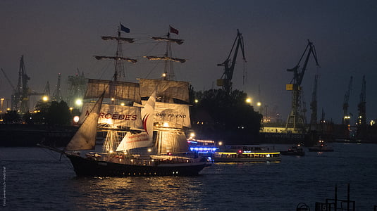 Hamburgo, noche, HAFENGEBURTSTAG, velero, vela, Aparejo, de la nave