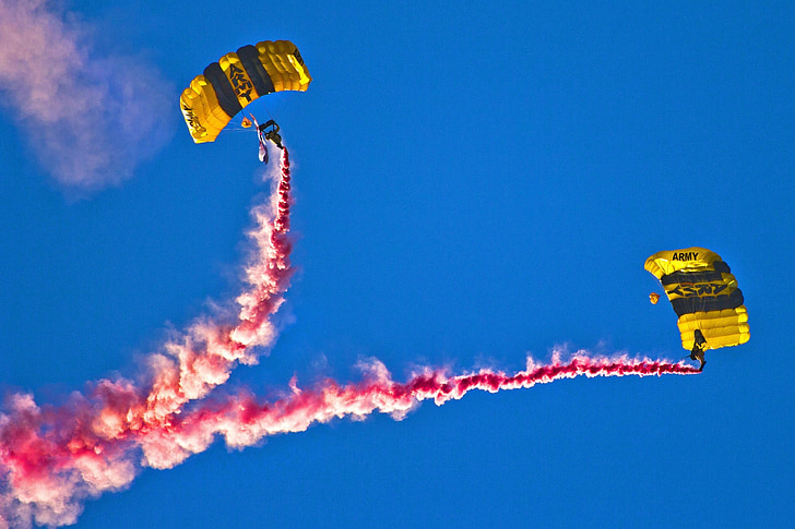skydivers, parachuting, smoke, army, parachute team, parachute, skydiving