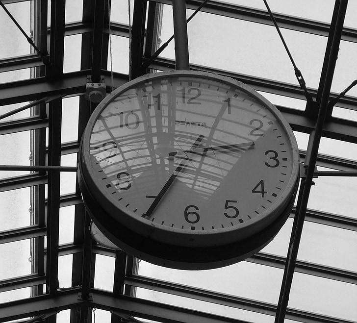 clock, black and white, time, hours, pointer, clock face, railway station