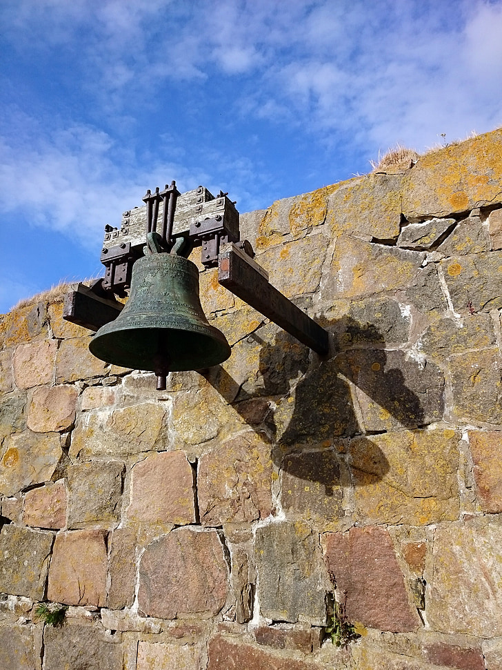 campana, vell, mur de pedra, medieval, rovellat, pedra, paret
