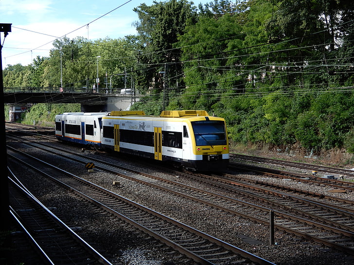 trein, bijhouden, Schwarzwaldbahn, regionale trein, brug, bomen, bovenleiding