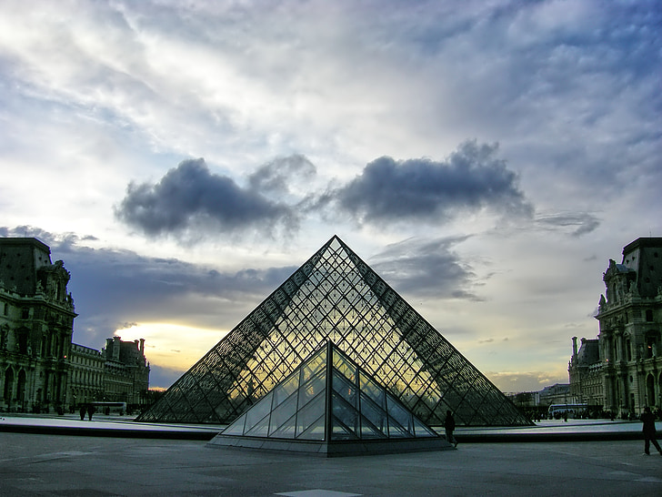 Louvren, Pyramid, museet, monumentet, PEI, kvällen, solnedgång