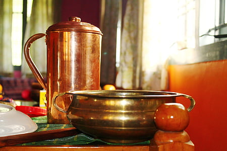 vaso de cobre, cobre, jarro de água, jarro de cobre, pote de latão, bronze, pote de cozinha, pote de cozinha