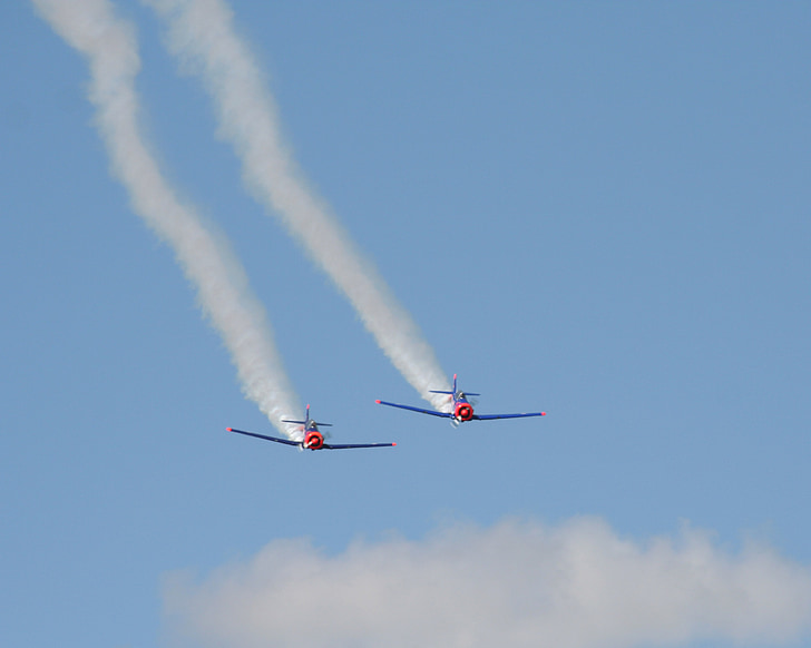 aircraft, acrobatics, smoke, airshow, sky, clouds