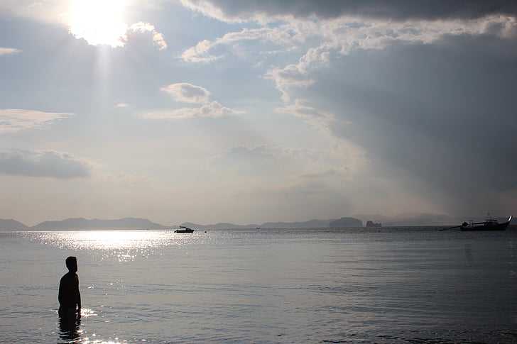 Sunbeam, wody, morze, chłopiec, Bill, światło słoneczne, chmury