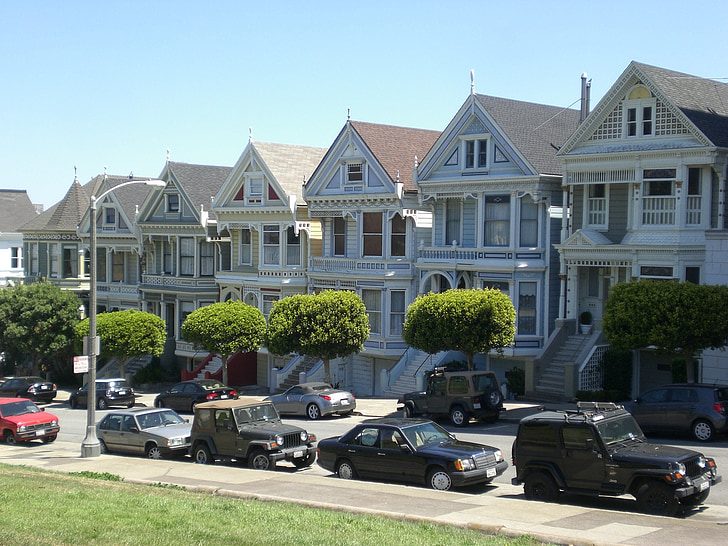 huizen, stad, San francisco, Victoriaans huis, Painted dames, Californië, auto