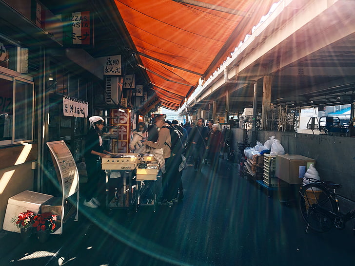 mercat, persones, carrer, flamarada de sol, resplendor del sol, urbà