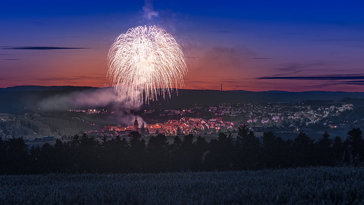 fireworks, city, dornstetten, night, long exposure, building, evening