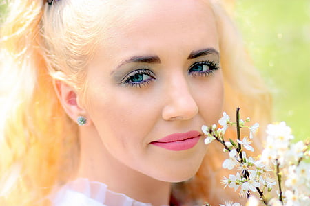 girl, spring, flowers, white, blue eyes, blonde, beauty
