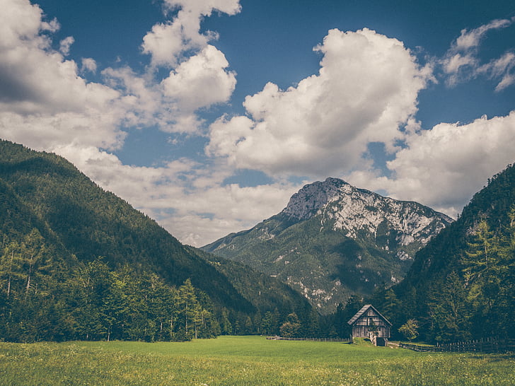 photo, green, mountains, house, barn, cloud, clouds