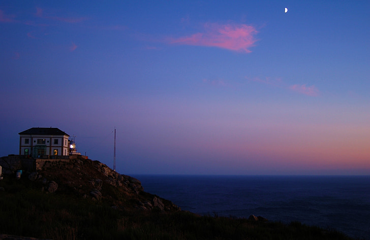 Galicia, Fisterra, éjszaka, Hold, világítótorony, Cape, Finisterre