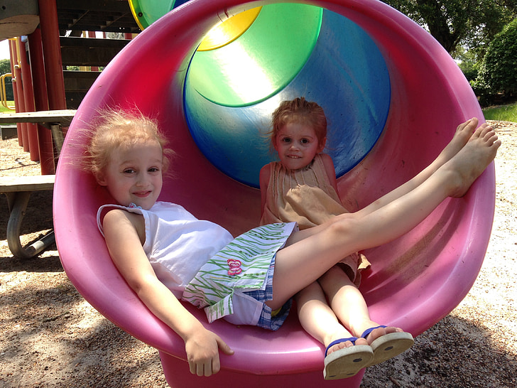 công viên, Sân chơi trẻ em, slide, chơi, mùa hè, ngoài trời, cô gái