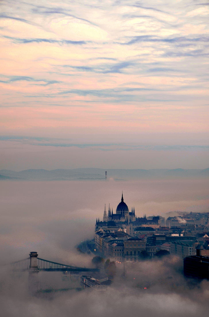 Будапеща, зората, мъгла, парламент, Елизабет мост, фон, небе