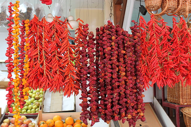 Madeira, Funchal, Spice market, chilis, éles, szárított, piac