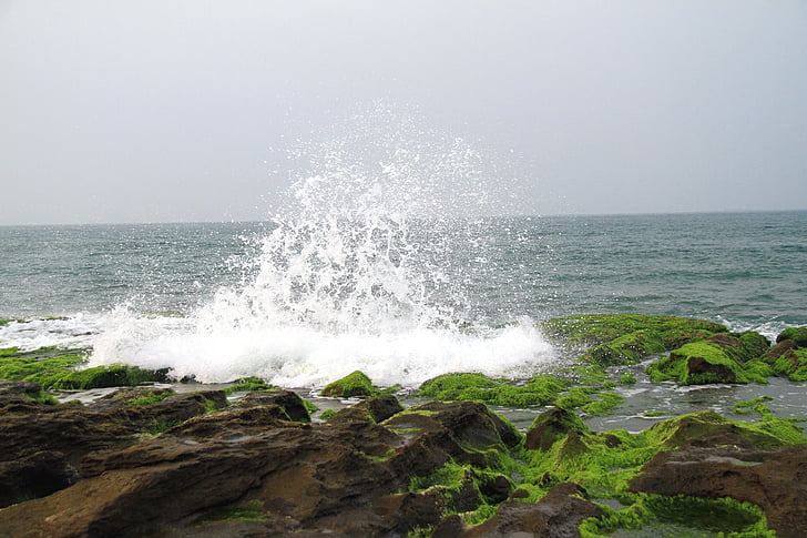 aerosol, espuma de, mar, a través de piedra verde, costa rocosa, erosión, impacto