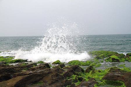 spray, foam, sea, green stone trough, rocky shore, erosion, impact