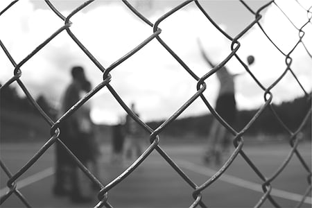 chainlink, fence, basketball, court, sports, people, athletes