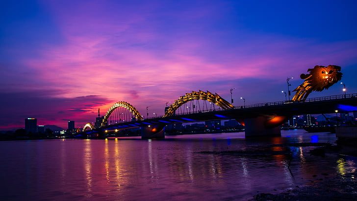 bridge, dragon, asian, night, illuminated, architecture, travel