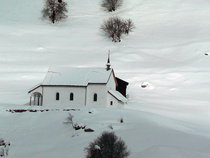 Schweiz, Glacier express, tåg, vinter, snö, kyrkan, naturen