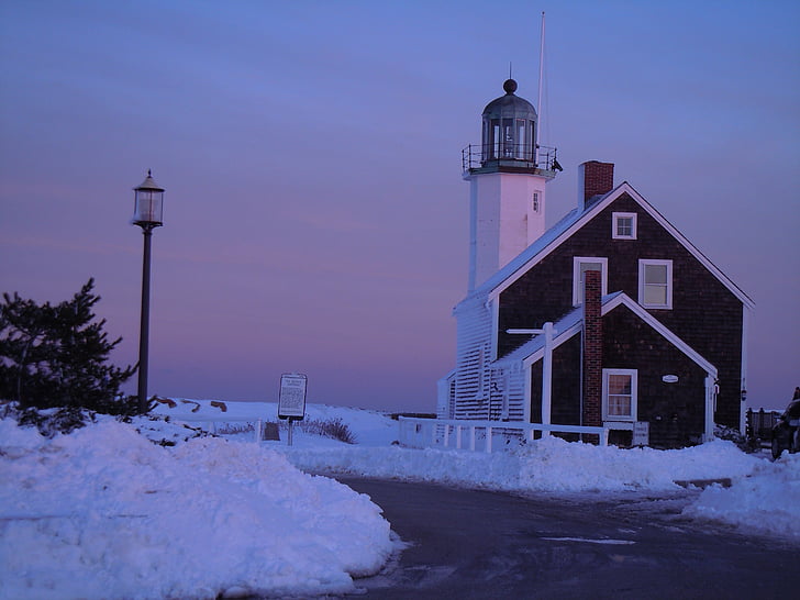 lighthouse, winter, snow, sunset, beacon, coast, cold