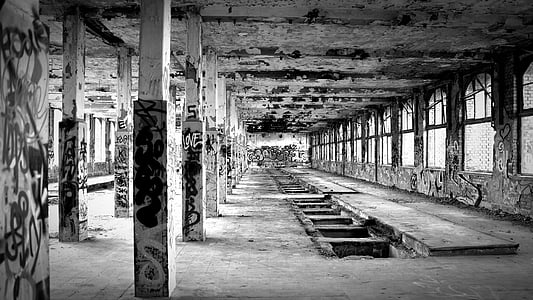 lost places, factory, black white, industrial building, leave, old factory, ruin