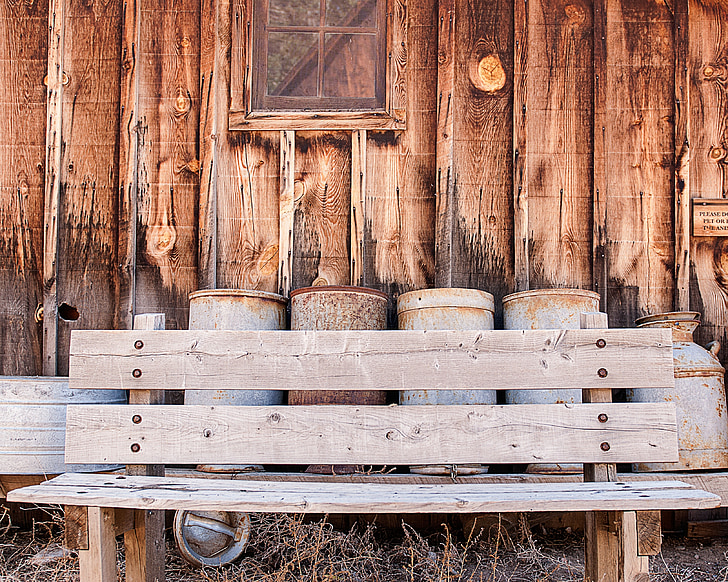 bench, containers, barn, wood, rustic, old, brown