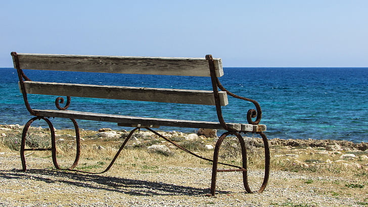 bench, rusty, weathered, sea, beach, blue, solitude