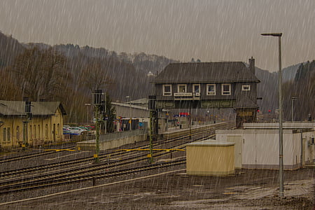 raining, railway station, train, public means of transport, rail traffic, platform, railroad track