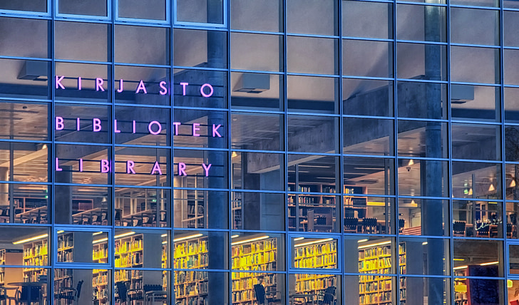 oulu, finland, city library, windows, reflections, hdr, books