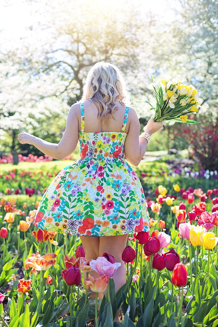 Primavera, tulipas, linda mulher, mulher jovem, flores, Primavera, fêmea