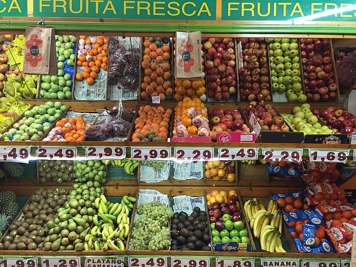 Spanyolország, Barcelona, szupermarket, gyümölcs, gyümölcs stand, polc, Carrefour