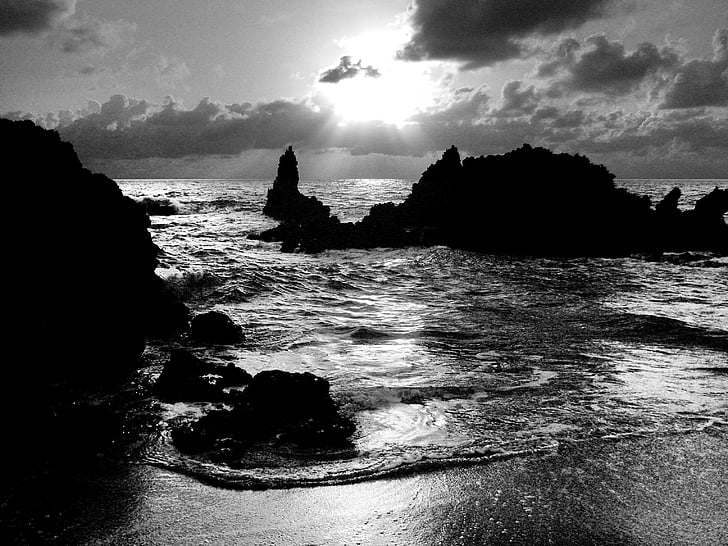 Mar, stranden, Sol, Rocks, havet, naturen, svart och vitt