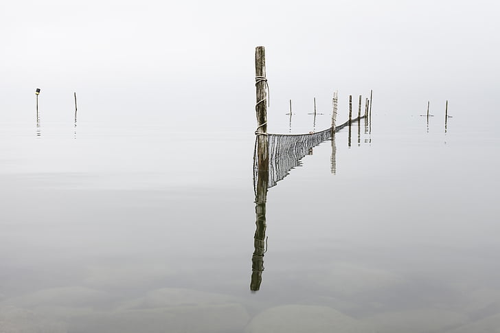 water, stillness, wood, nets, still, reflection, nature