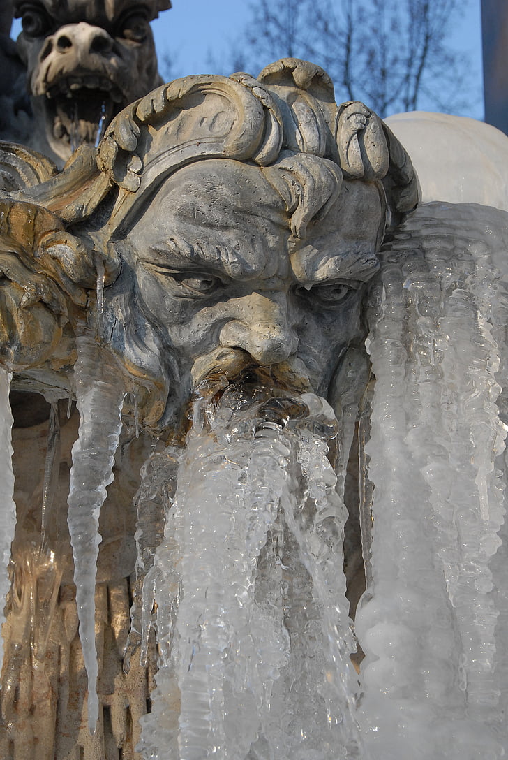 fontene, statuen, Neptune, ansikt, isen, gel, Vinter